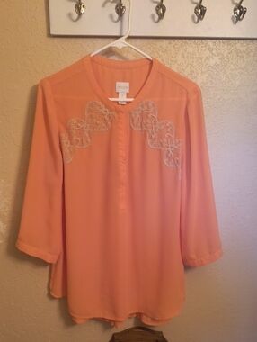 Chico's Coral-Peach Lace-Accent Tunic